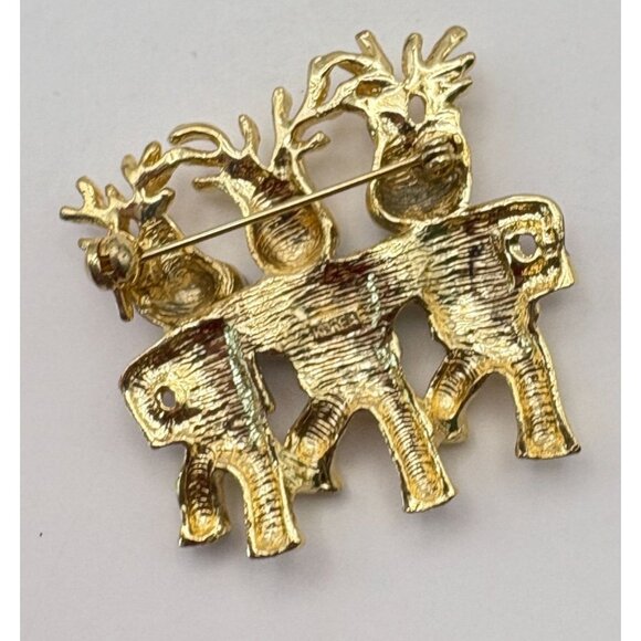 Dancing Reindeer Trio Christmas Brooch Gold Tone Pin Red Green Enamel Sweaters - Picture 2 of 6